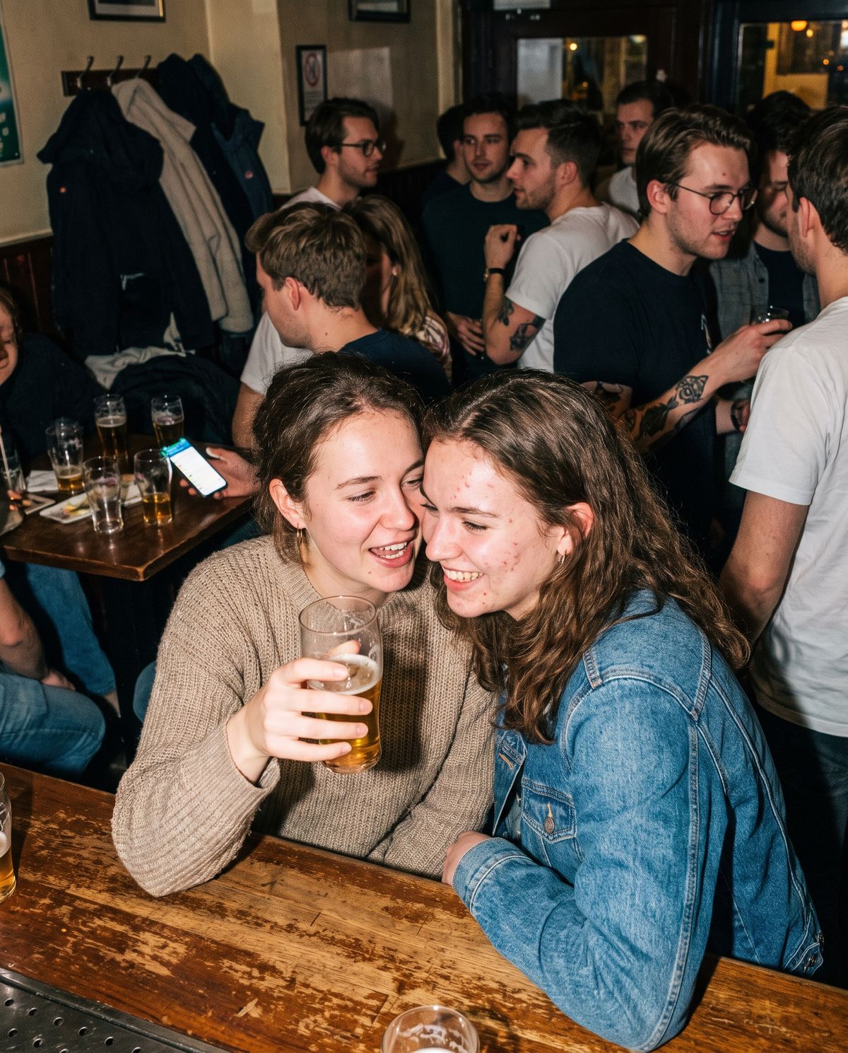 Twee mensen die elkaar net ontmoet hebben, lachend aan de bar